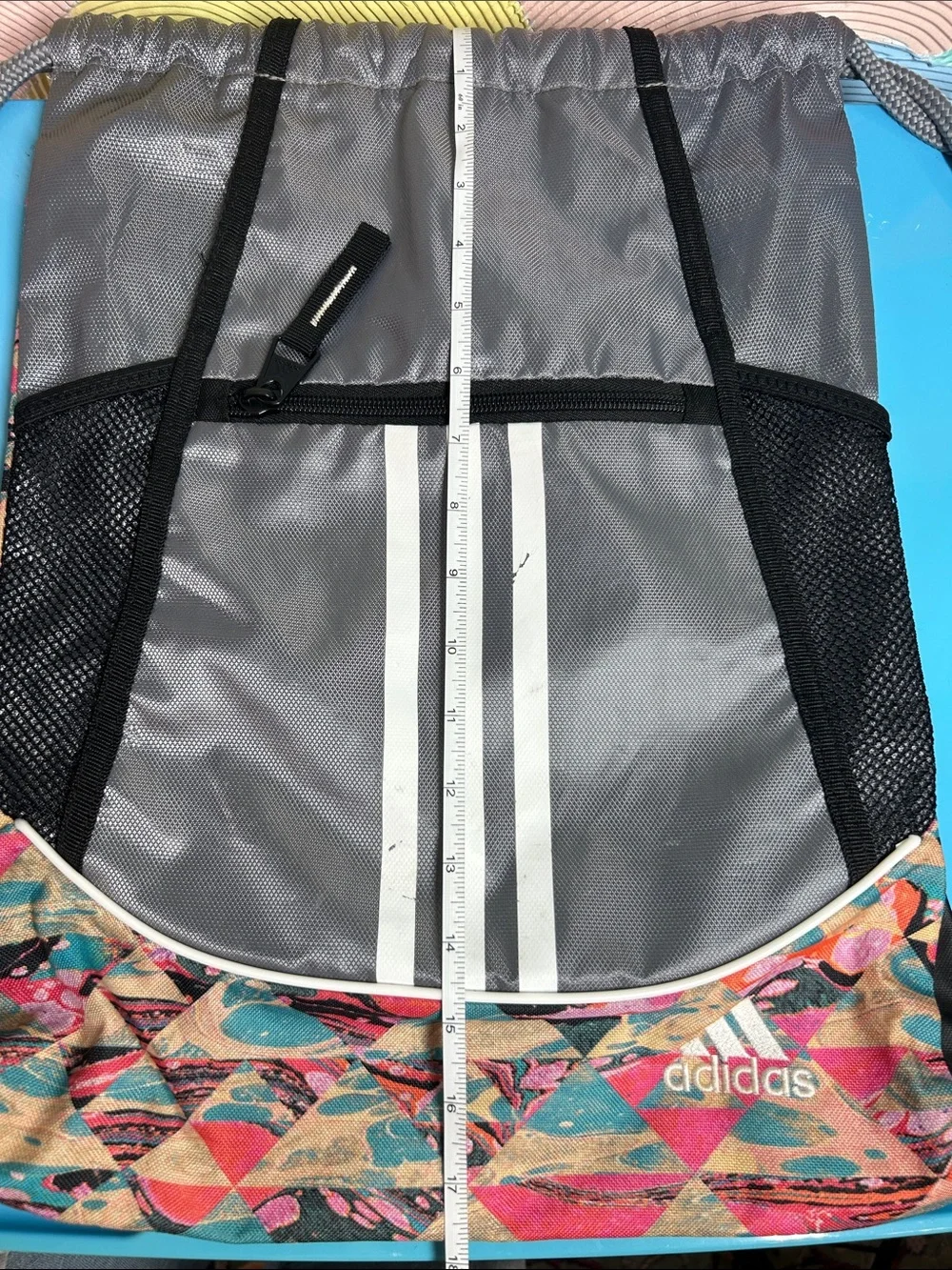 Silver Drawstring Backpack with Accent Print